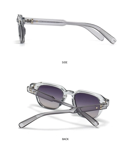 Detail view of transparent grey narrow sunglasses frame with side and back perspectives