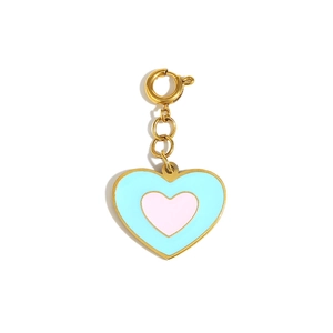 18K gold plated heart pendant with blue and pink enamel and spring clasp on white background