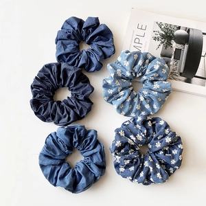 Large Denim Fabric Scrunchies Floral Embroidery Hair Ties Solid Blue High Elastic Ponytail Holder For Women Girls