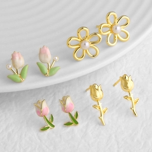 Vintage Gold Plated Copper Enamel Tulip Flower Stud Earrings Elegant Faux Pearl Rose Floral Jewelry For Women Daily Party