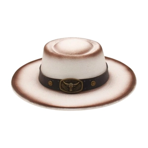 Flat brim wool felt fedora hat with bull head leather band in white and brown gradient