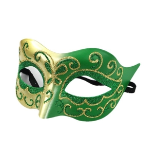 Venetian style half-face masquerade mask with green and gold glitter pattern