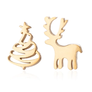 Boucles d'oreilles asymétriques dorées en acier inoxydable avec renne et sapin