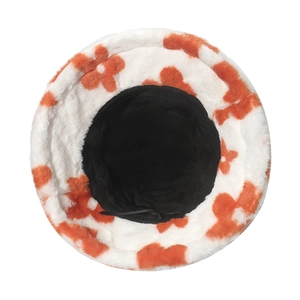 Detail view of plush flower bucket hat showing black inner lining and adjustable drawstring