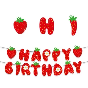 Strawberry theme HAPPY BIRTHDAY banner set with vibrant red fruit designs and floral accents
