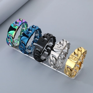 Close-up of 24mm cuban link bracelets in rainbow, blue, black, silver, and gold finishes