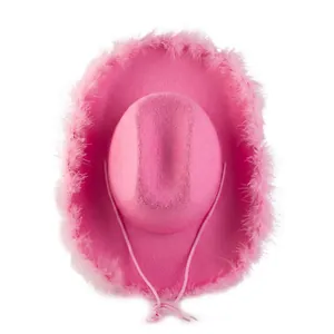 Pink western cowboy hat with fuzzy feather trim and crown design for party costume