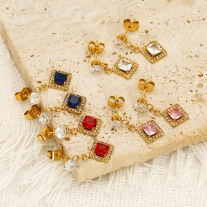 Vintage gold square zircon stud earrings in white, blue, red, and pink crystal colors