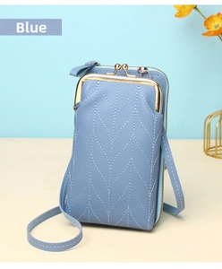 Detailed view of sky blue crossbody phone bag with V-shaped stitching and metal clasp