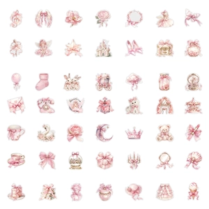 Close-up of 49 vintage watercolor PET stickers featuring pink floral and aesthetic motifs