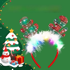 Detail of Christmas headband with LED lights, red plaid antlers, and white feather trim