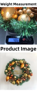 Detail of Christmas wreath with pine cones and ornaments showing its 486g weight