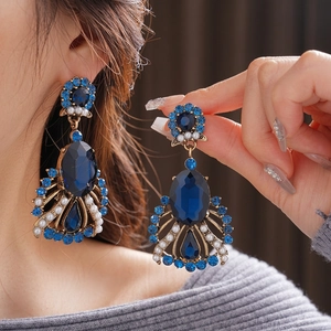 Vintage Palace Style Blue Crystal Drop Earrings With Artificial Pearl Alloy Jewelry And Silver Earring Post For Women