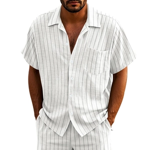 Close-up of men's vertical striped short sleeve shirt with breathable cotton linen texture