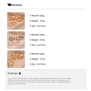 Size guide for a 3-piece geometric flower ring set with dimensions and material specs