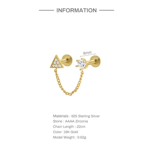 Detailed specs of 18K gold 925 silver chain earring with triangle AAAA zirconia stones