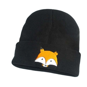 Bonnet en tricot noir pour enfants avec broderie renard, bonnet d'hiver à revers