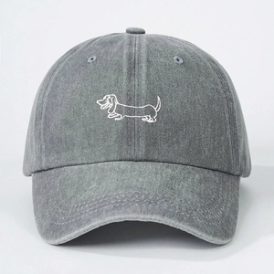Vintage grey washed cotton baseball cap with white dachshund line embroidery for women