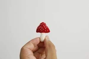 Detail of handmade red and beige crochet mushroom brooch with exquisite wool yarn texture