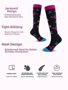 Detail view of compression socks featuring colorful jacquard patterns and breathable weave