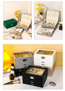 Detail of multi-tier jewelry box featuring ring slots, necklace hooks and glass lid