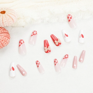 Translucent grapefruit red coffin press-on nails with check patterns and 3D bows