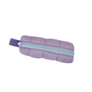 Purple quilted puffer pencil case with light blue resin zipper and side handle strap