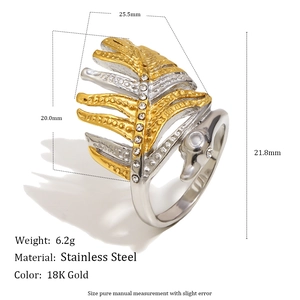 Two-tone 18K gold plated stainless steel leaf ring with sparkling crystals and measurements