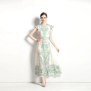 Vintage paisley print maxi dress with long sleeves, stand collar and waist belt