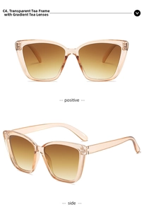 Detail view showing transparent tea frame and gradient lenses of cat-eye sunglasses