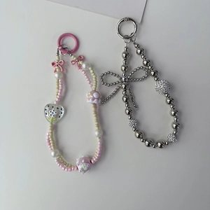 Korean Style Acrylic Beaded Phone Strap With Rhinestone Ball Bowknot Heart Floral Pendant Anti-Lost Lanyard Phone Charm