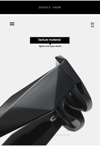 Detail view of thickened geometric hinges and glossy black frame of the square sunglasses