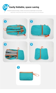 5-step guide showing how to fold the lightweight nylon hiking backpack into a small pouch