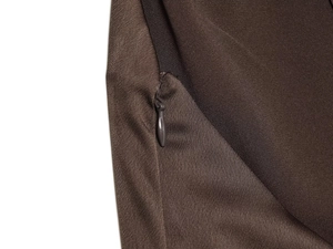 Detail of invisible zipper on deep brown satin maxi dress with premium fabric texture