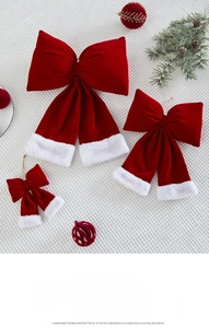 Three-piece set of red velvet Christmas bows with white plush trim for tree decoration