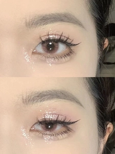 Close-up of shimmery pink-brown liquid eyeshadow applied on eyes with glitter finish