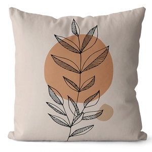 Detail of Nordic cream cushion cover with black leaf print and terracotta geometric shapes