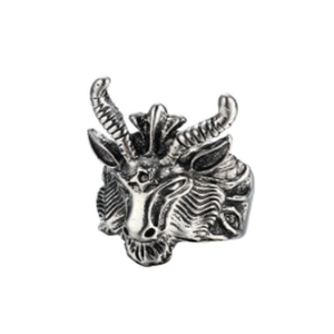 Detailed view of goat head Baphomet ring in antique silver finish with punk style texture