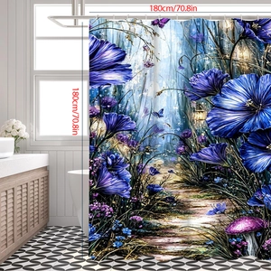 Detail view of fantasy forest shower curtain measuring 180x180cm with floral patterns