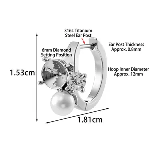 316L titanium steel hoop earring with 6mm zircon and pearl, height 1.53cm and width 1.81cm