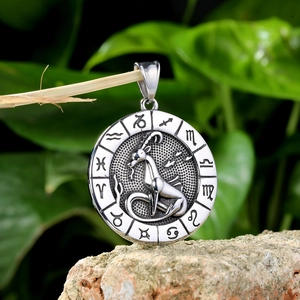 Silver stainless steel Capricorn zodiac necklace pendant on a natural stone background