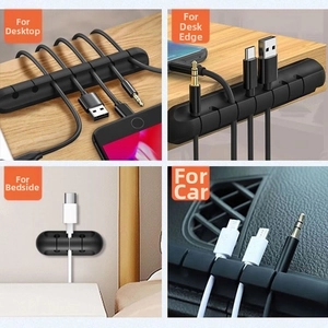 Silicone cable organizer showing adhesive fixation on desk, wall, and car surfaces