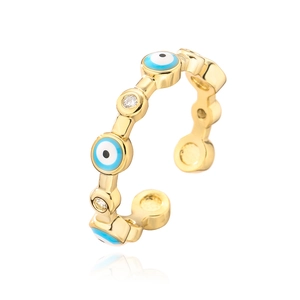 Detail of gold evil eye ring with blue enamel and sparkling cubic zirconia stones