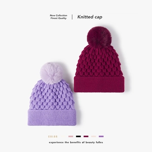 Winter Women Beanie Hat Thickened Warm Fleece Lined Knitted Cap With Faux Fur Pom Pom Outdoor Cold Weather Skullies Hat
