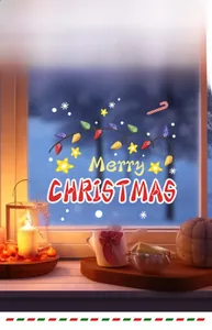 Detail of Merry Christmas window sticker with colorful bulbs, stars and snowflakes