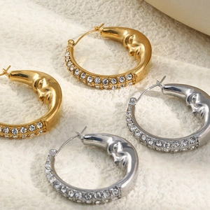 Celestial 18K gold plated moon face earrings with sparkling pavé crystals