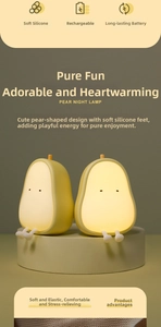 Macro detail of the pear-shaped silicone night light showing USB charging features