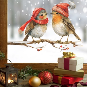 Christmas cartoon birds wall sticker with red hats and scarves on snowy window scene