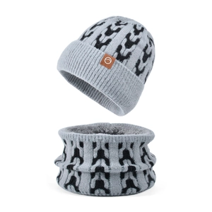 Winter knitted hat and neck warmer set with gray geometric pattern and fleece lining