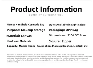 Detailed size and material specifications for the canvas cosmetic travel storage bag
